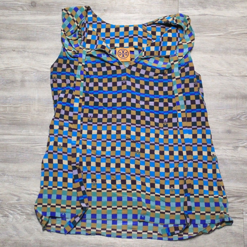 Tory Burch Blouse 100% Silk Women's Sz 8 Blue Olive Geometric Check Sleeveless